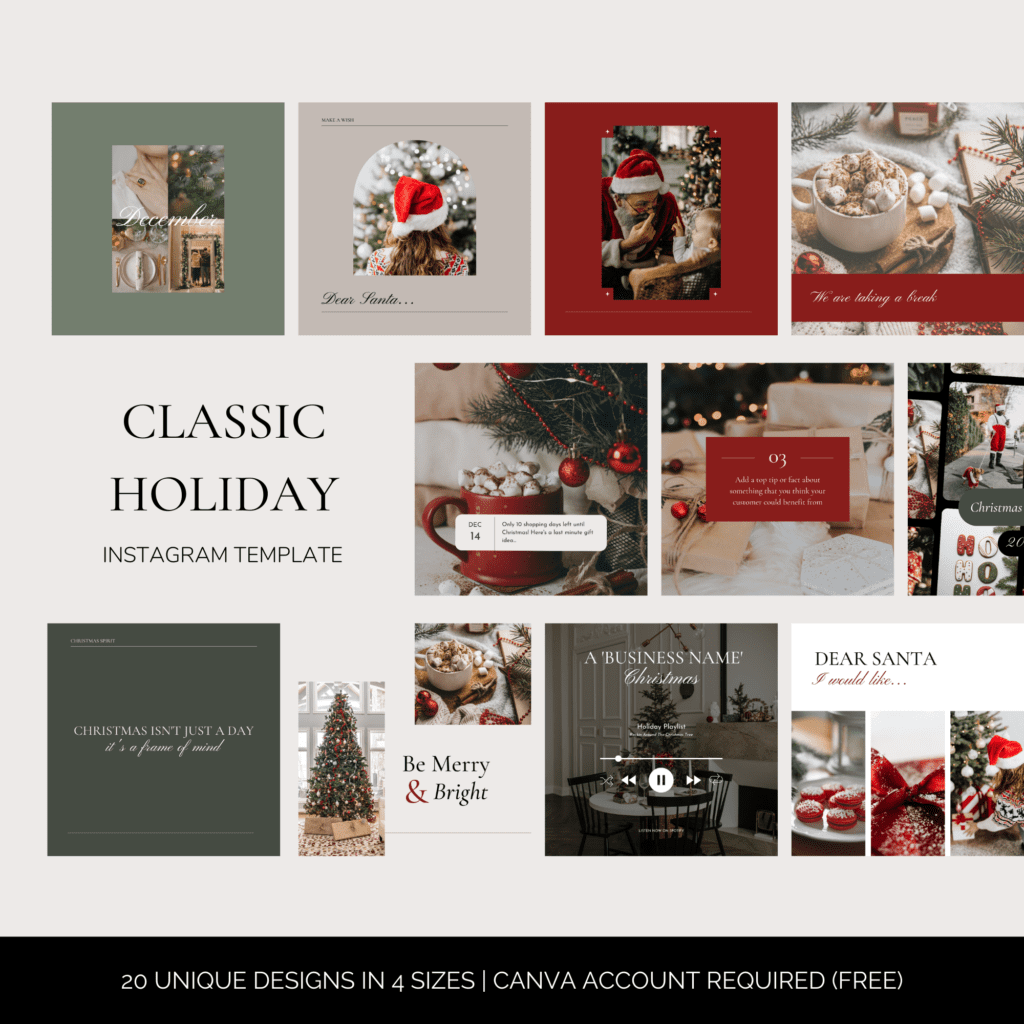 Classic holiday aesthetic Instagram post template in festive red and green colour palette.